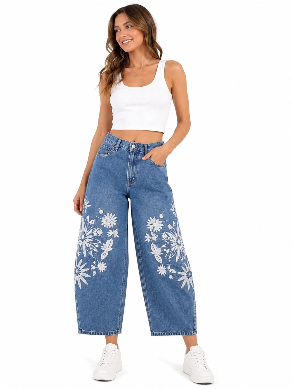 Ashley Mason Embroidered Wide Barrel Leg High Rise Denim Barrel Crop Jeans